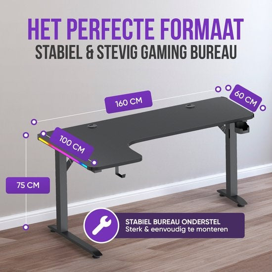 Avalo - Gaming Desk & L-Shaped Corner Desk - 160x100x75 cm - Avec éclairage LED RGB - Porte-gobelet et crochet pour casque - Acier inoxydable & ABS - Noir