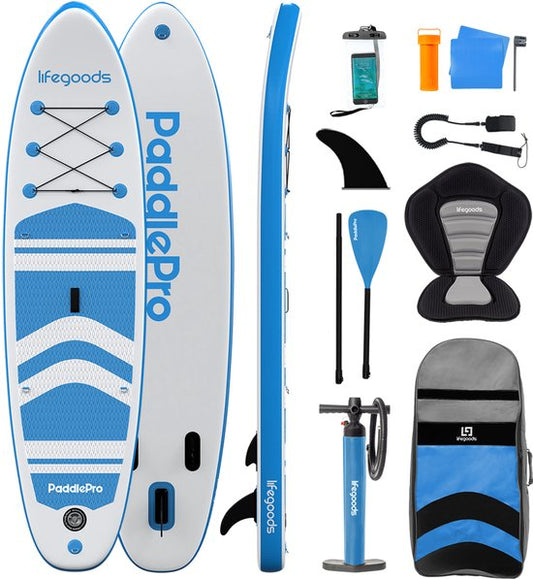 LifeGoods PaddlePro SUP Board - avec siège - Planche à pagaie gonflable - Ensemble complet - Max. 135KG - 320x81cm - Blanc/Bleu ciel