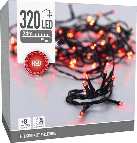 Guirlande lumineuse de Noël 320 LED - 24 m - rouge - Minuterie - Effets lumineux - Mémoire - Extérieur - Intérieur