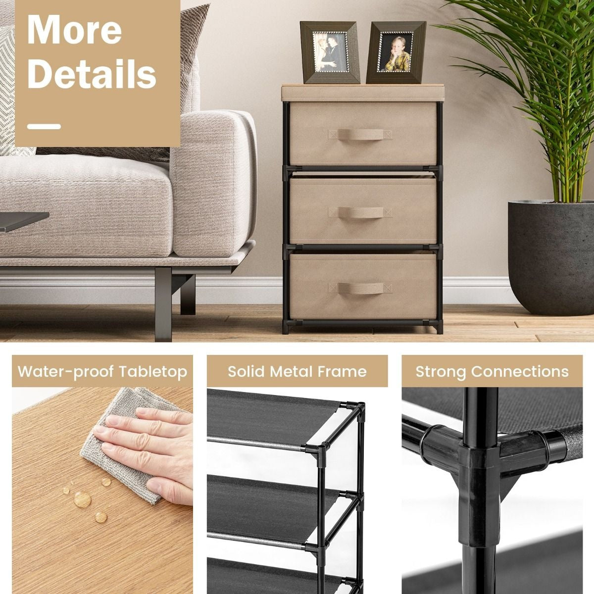 Coast Table de chevet - Avec 3 tiroirs en tissu rabattables - 40 x 30 x 62 cm - Coffee Brown