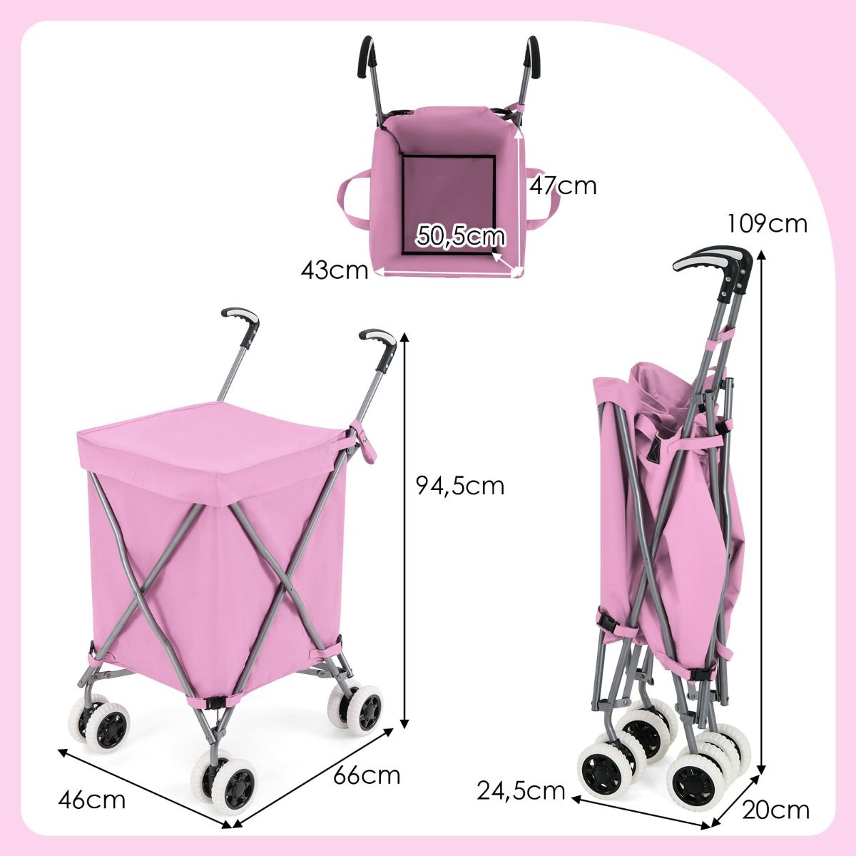 Chariot de courses pliable Coast avec roulettes - Chariot à main 90 L - Chariot de courses pliable - 66 x 46 x 94,5 cm - Rose