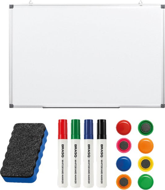 BRASQ Tableau blanc 60x90 cm magnétique - avec accessoires (marqueurs, gomme, aimants) - Tableau noir - Tableau magnétique - Blanc