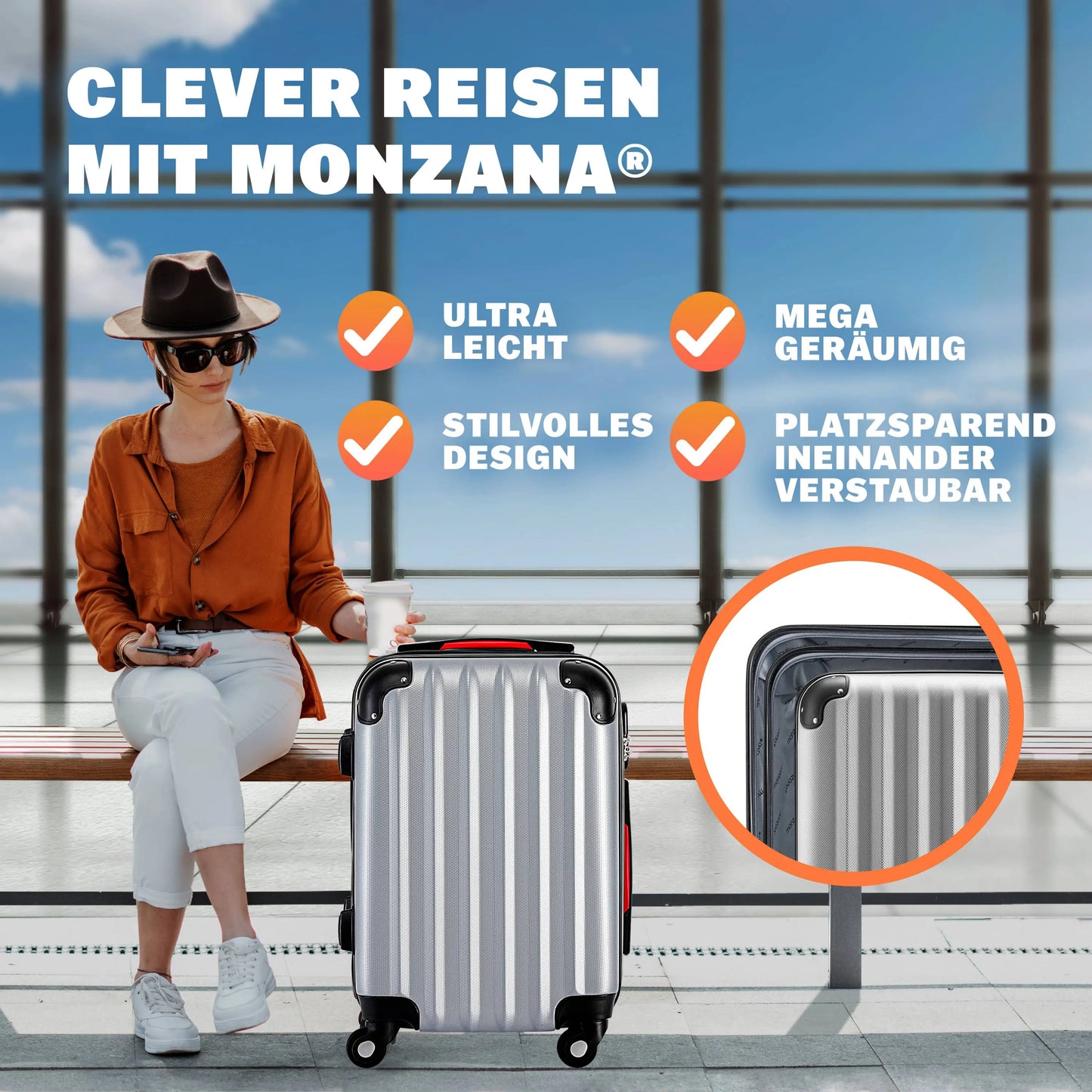 Valise rigide XL - 90 L - Roulettes à 360° - ABS - Argent
