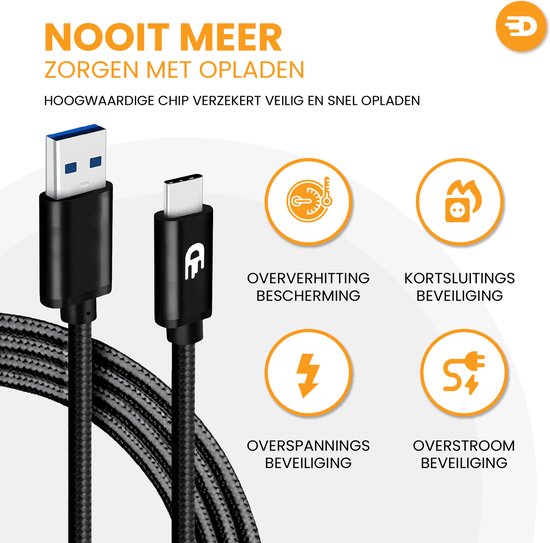 Drivv. Câble USB vers USB C - Chargeur rapide - Câble de données et de charge USB C - 3 mètres - Convient à Samsung, iPhone 15 et autres - Noir