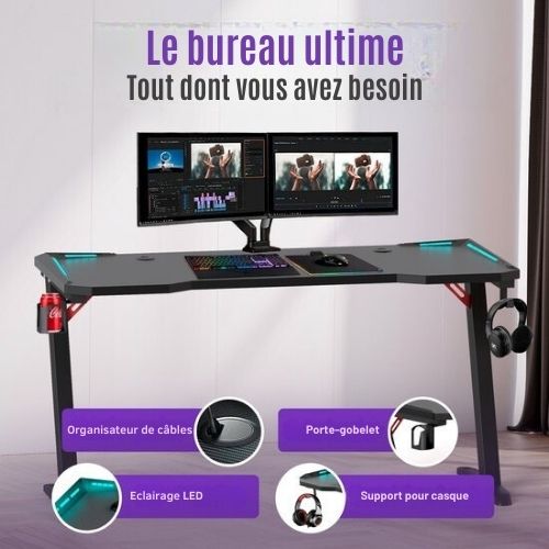 Bureau de gaming - Avalo - 140x60x73 - CM Éclairage LED Intégré - Noir