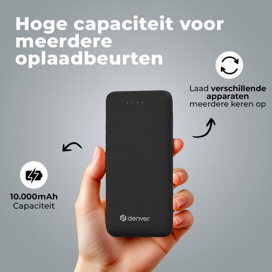 Denver Powerbank 10000 mAh - Avec indicateur de batterie - USB - Micro USB - Powerbank universel pour Apple iPhone / Samsung, entre autres - Noir - PBS10010B