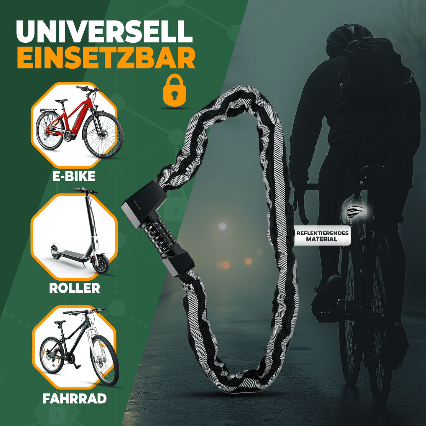 MIVELO - Serrure à chaîne de haute sécurité avec serrure à chiffres et LED - 100 cm de long - Acier trempé - 8 mm d'épaisseur - Noir