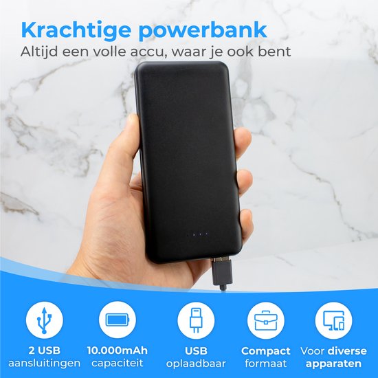 Nuvance - Powerbank 10000 mAh - Chargeur rapide - Design compact - 2x USB, USB-C & Micro USB - Powerbanks universelles pour Smartphones, Tablettes & Gadgets - Batterie externe - Noir