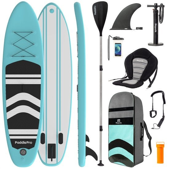 Paddle LifeGoods SUP Board - avec siège - Set complet - Max. 135KG - 320x81cm - Vert menthe/Noir