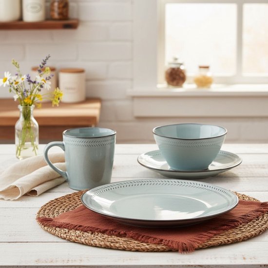Service de table Mica Decorations Racco, 16 pièces - 4 couverts - Assiettes à petit-déjeuner, bols, tasses et assiettes à dîner - Service en grès - Service de table lavable au lave-vaisselle - Gris clair