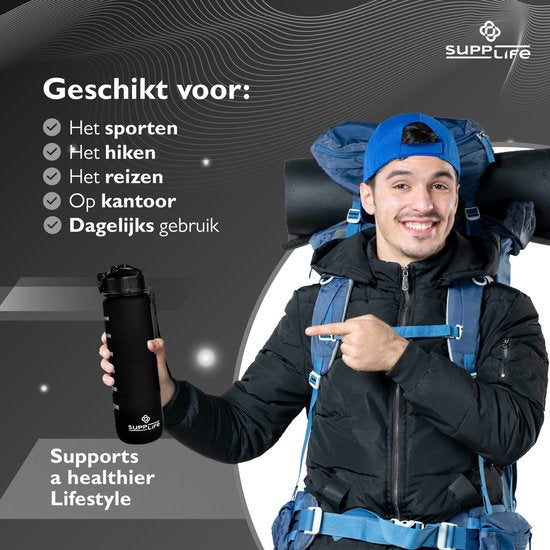 Gourde motivante Supplife de 1 litre avec texte en néerlandais - Gourde avec paille - Gourde avec repères horaires - Noire