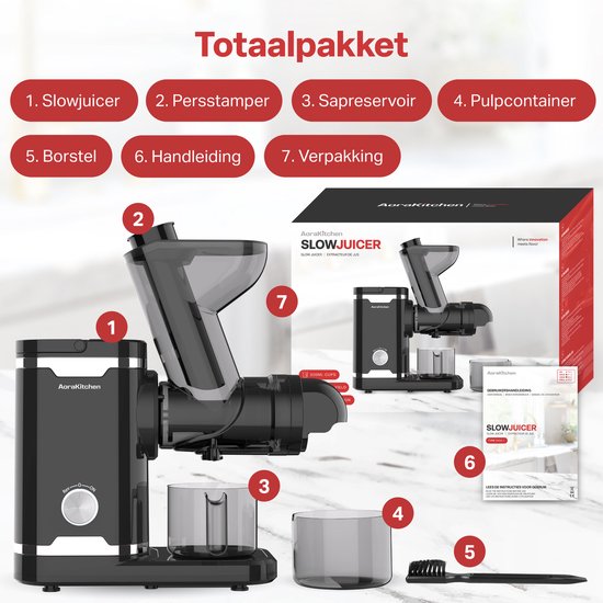 AoraKitchen Slowjuicer - avec fonction Reverse - Extracteur de jus - 500 ML - presse-agrumes - pour légumes et fruits - Fruit Press - Noir