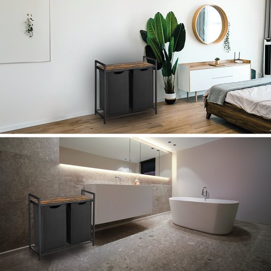 BRASQ Panier à linge 2 compartiments - Trieur à linge 76 litres - Extensible avec étagère 73x33x71 cm - Boite à linge Métal noir - Bois marron - Panier