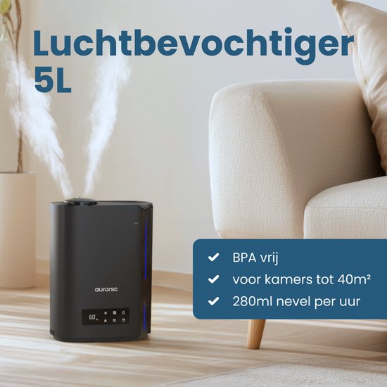 Humidificateur Auronic - 5 litres - Convient au salon, au bureau, à la chambre à coucher, à la chambre de bébé et plus encore - Sans BPA - Noir