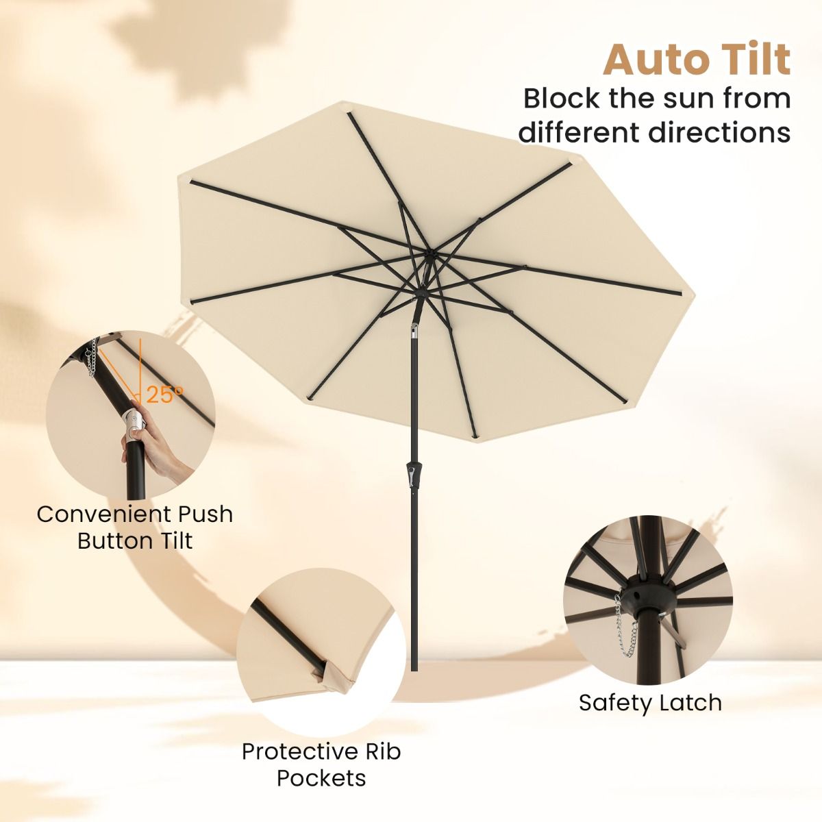 Coast Terrace Parasol 303 cm Beige - Parasol inclinable avec manivelle, 8 balais et double toit pour jardin, terrasse ou piscine