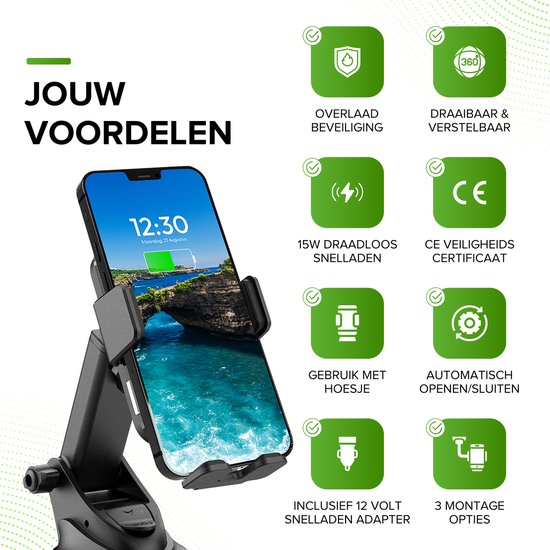 iSetchi Telefoonhouder  - Qi Draadloze Oplader - 15 Watt Snellader - Ventilatierooster