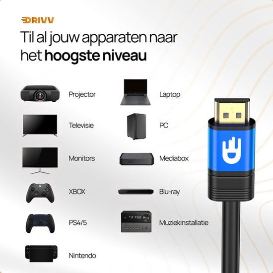 Câble HDMI Drivv. Premium 2.1 - Ultra HD haute vitesse 8K - HDMI vers HDMI - Compatible avec les consoles de jeux - 10 mètres - Bleu