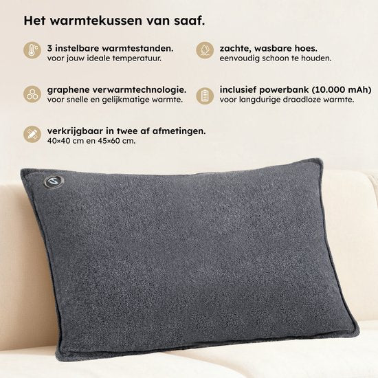 Coussin chauffant - 3 niveaux de chaleur - Coussin chauffant rechargeable - 10k mAh Powerbank - Sans fil - Coussin chauffant - 45x60 - Gris original - Saaf Comfort