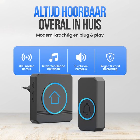 Strex Wireless Doorbell - Récepteur alimenté par le secteur - Portée de 300 m - 60 mélodies - Sans fil - Résistant à l'eau - Noir