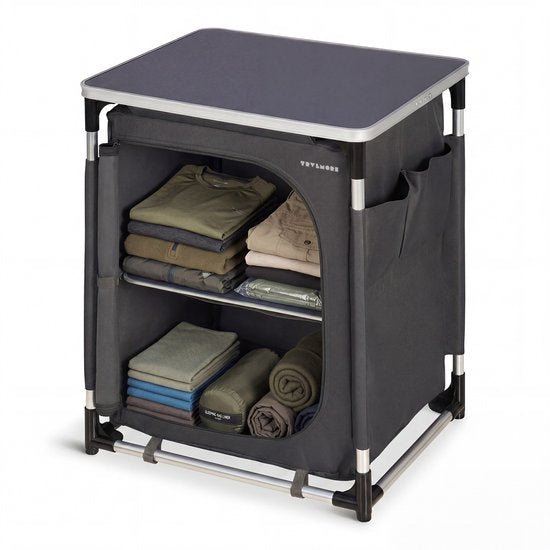 TRVLMORE Meuble de camping - Cuisine de camping - Capacité de charge de 70 kg - Structure en aluminium - Pliable - Sac de transport inclus - 50 x 60 x 72 cm - Gris