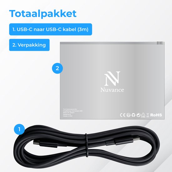 Câble USB-C Nuvance - 100 W - USB-C vers USB-C - 3 mètres - Câbles USB-C - Chargeur rapide - Transfert de données à 480 Mb/ps - Chargeur USB-C - Noir