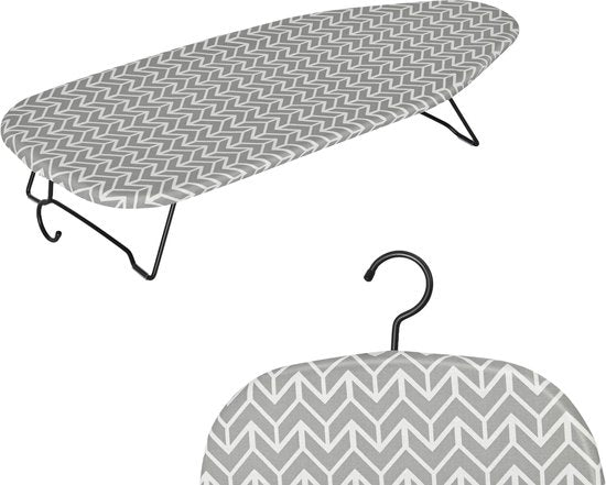 STAUS&BACH Ironiq - Petite planche à repasser de table (100 % coton) avec crochet de suspension - Dimensions : 76,5 x 30,5 cm - Mini planche à repasser - Pour les voyages - Gris