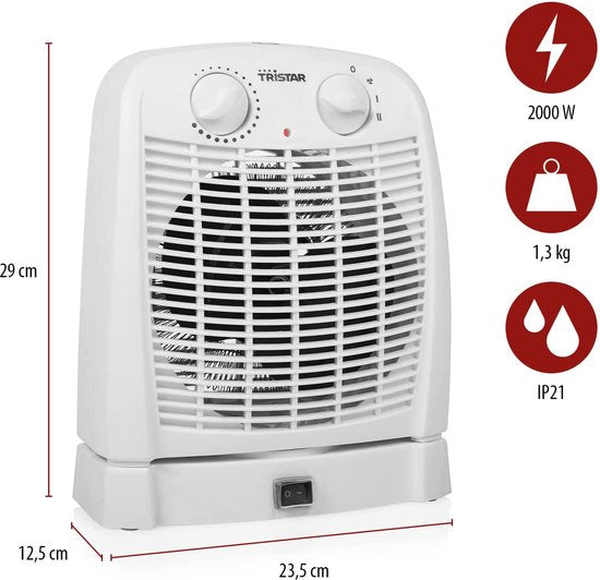 Tristar chauffage électrique KA-5059 - Chauffage à ventilateur - 2 niveaux de chaleur et ventilateur - Chauffage de camping - Blanc - Oscillant - Protection contre la surchauffe - Chauffage de salle de bains