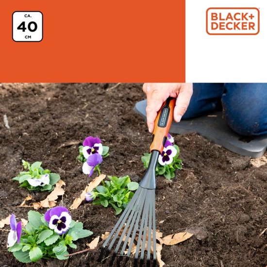BLACK+DECKER Râteau à main - 38.8 CM - Poignée ergonomique - Facile à suspendre - Noir/Orange