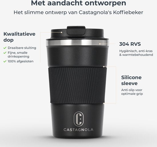 Castagnola Thermos Cup - Coffee Mug To Go - Travel Mug for Coffee and Tea - Tea Mug - 380 ML - stainless steel - Black