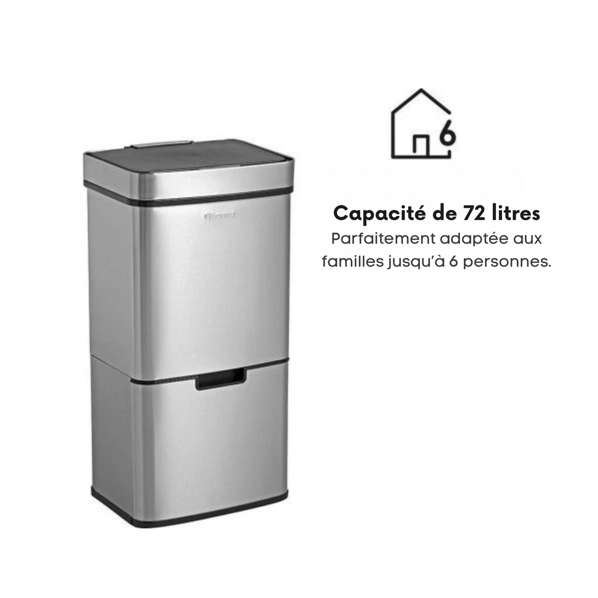 Poubelle de tri - Homra - 3 Compartiments (2x12L + 48L) - Poubelle à Capteur - Acier Inoxydable - Couvercle  Automatique - Argenté