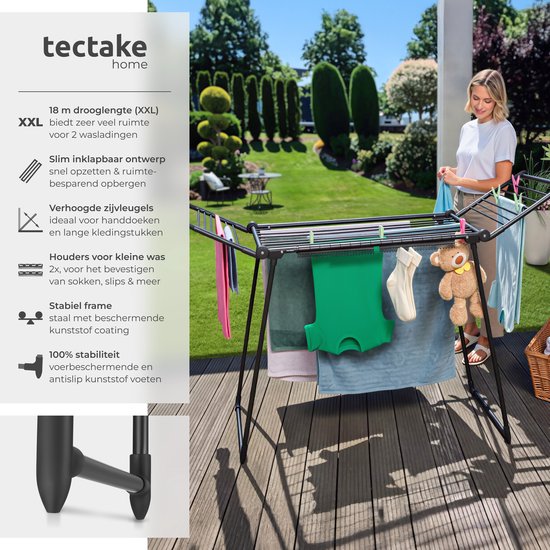 tectake® Séchoir à linge - Séchoir à linge - Longueur de séchage : 18 mètres - Pliable - Sur pied - Séchoirs à linge avec 2 supports pour le petit linge - Ailes latérales hautes pour les vêtements longs - Noir