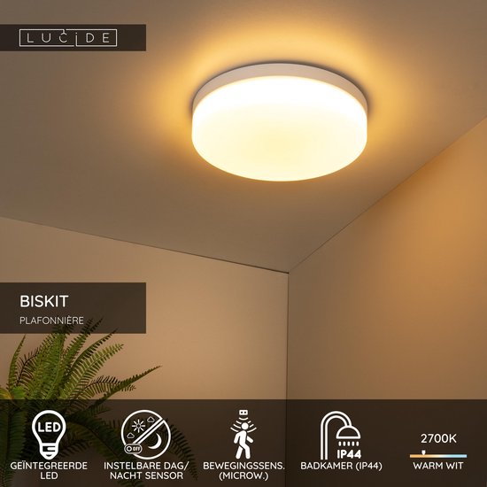 Lucide BISKIT - Plafonnier (lampe de plafond) pour salle de bains - Ø 34,5 cm - LED - 1x24 W 2700 K - IP44 - Détecteur de mouvement - Blanc