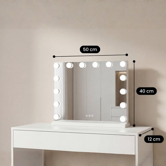 Bayt Hollywood Mirror with Lighting - Miroir de maquillage avec éclairage - Miroir avec éclairage - Dimmable - Grossissement 10x - 50x40cm - Blanc