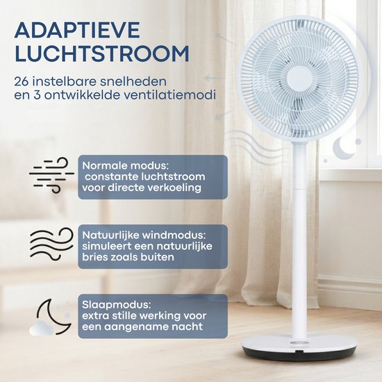 Ventilateur Aironex - Ventilateur sur pied silencieux à 26 vitesses - Commande via application - Faible consommation - Blanc - Avec fonction aromathérapie et Wi-Fi - Minuterie et mode nuit - Réglable en hauteur - Oscillation horizontale et verticale