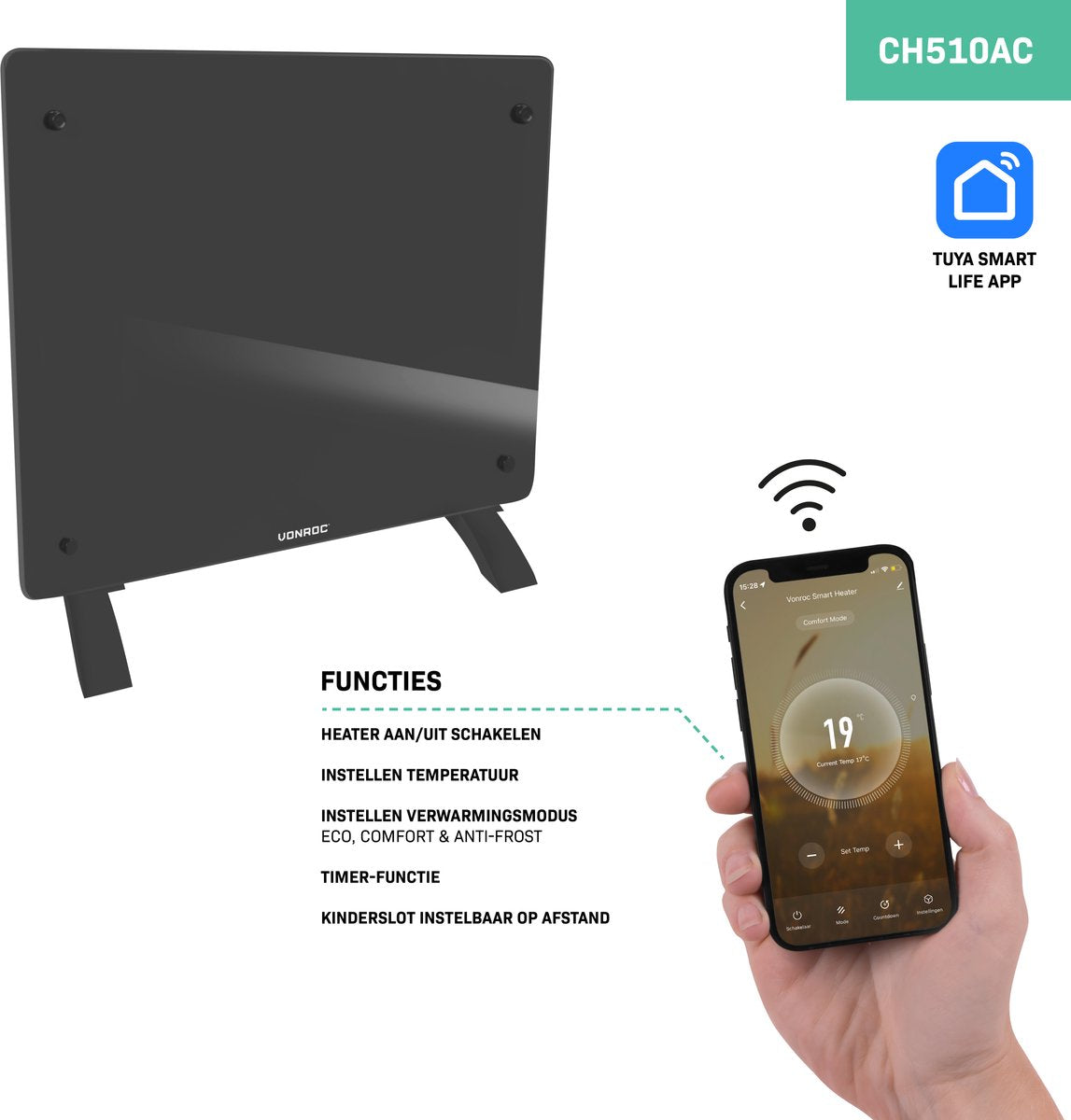 VONROC Convecteur électrique de luxe avec panneau en verre - 500W/1000W - Contrôle Wifi et manuel - Thermostat et minuterie réglables - Chauffe jusqu'à 12m² - Gris
