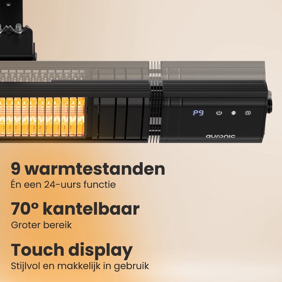 Auronic Terrace Heater - Chauffage infrarouge - Ecran tactile - 10m2 - Electrique - 2000W - Télécommande - 9 niveaux - Noir