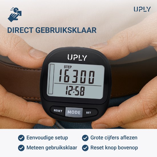 Uply Podomètre avec clip et sangle de transport - Capteur 3D - Podomètre de poche - Pile incluse - Noir