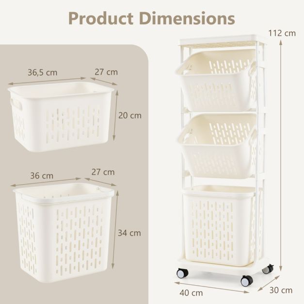 Coast Panier à linge avec 3 paniers - blanc - PP + Métal - Max.35 kg - 40x30x112 cm