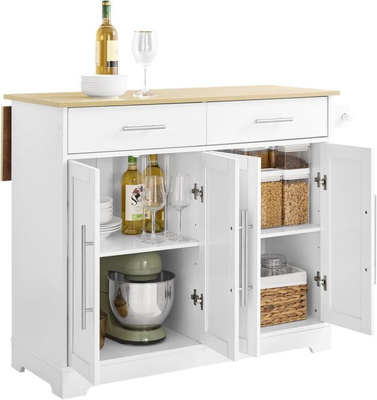 SoBuy FKW129-WN Chariot de cuisine sur roulettes - Ilot de cuisine avec plan de travail coulissant, 2 tiroirs et étagères réglables - Chariot de cuisine mobile ou meuble de table à manger, blanc 113x91x(44-69) cm