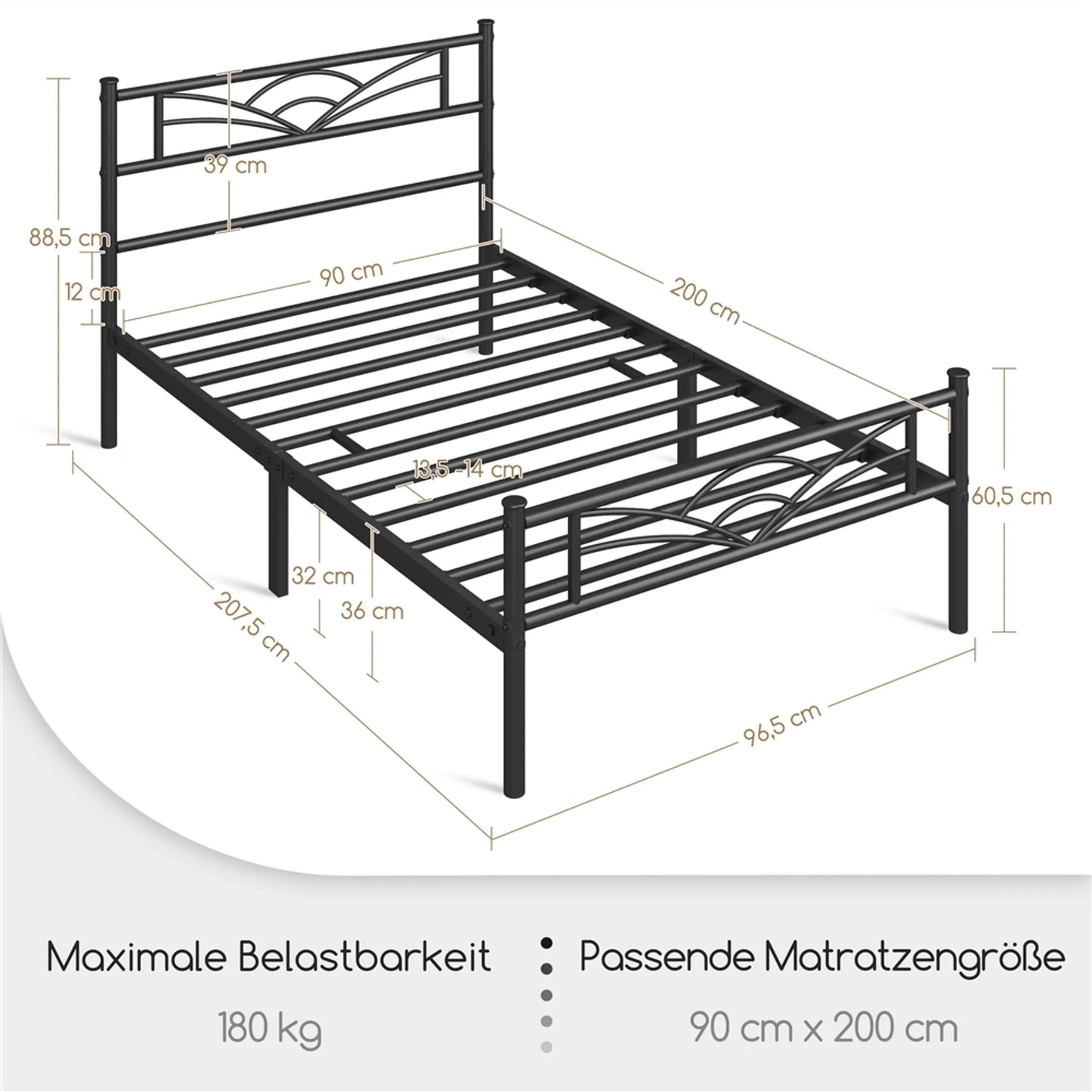 Yaheetech Cadre de lit en métal Cloud - 207,5 x 96,5 x 88,5 cm - équipé d'une tête de lit haute et d'un sommier à lattes et d'un espace de rangement de 32 cm - pour la chambre à coucher et la chambre d'amis - métal noir