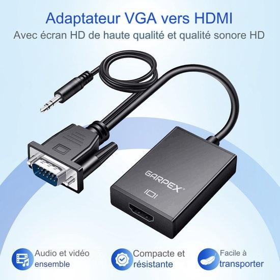 Convertisseur VGA/HDMI - Garpex - Qualité Full HD 1080p - Universel avec Jack 3,5 mm AUX et Câble d'Alimentation USB - Noir
