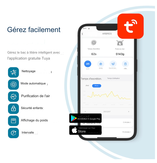 Bac à litière automatique et autonettoyant, BOME,  Avec application et écran tactile, 65L