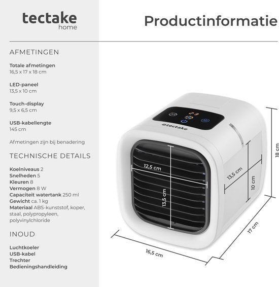 tectake® Air Cooler Frosty avec éclairage LED - 2 modes de refroidissement - 8W - Refroidisseur d'air 3-en-1 avec réservoir d'eau - Sans tuyau de vidange - Câble USB et entonnoir inclus - Mini climatiseur - Blanc