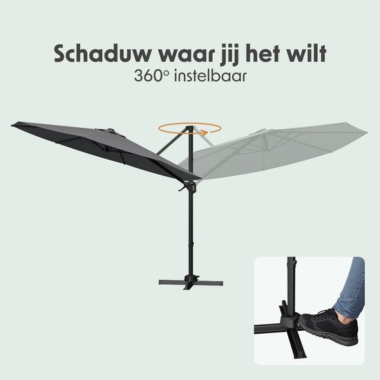 LifeGoods Parasol flottant - 6 pieds - Rotation 360° - Rond Ø300 cm - Housse de protection incluse - Anthracite