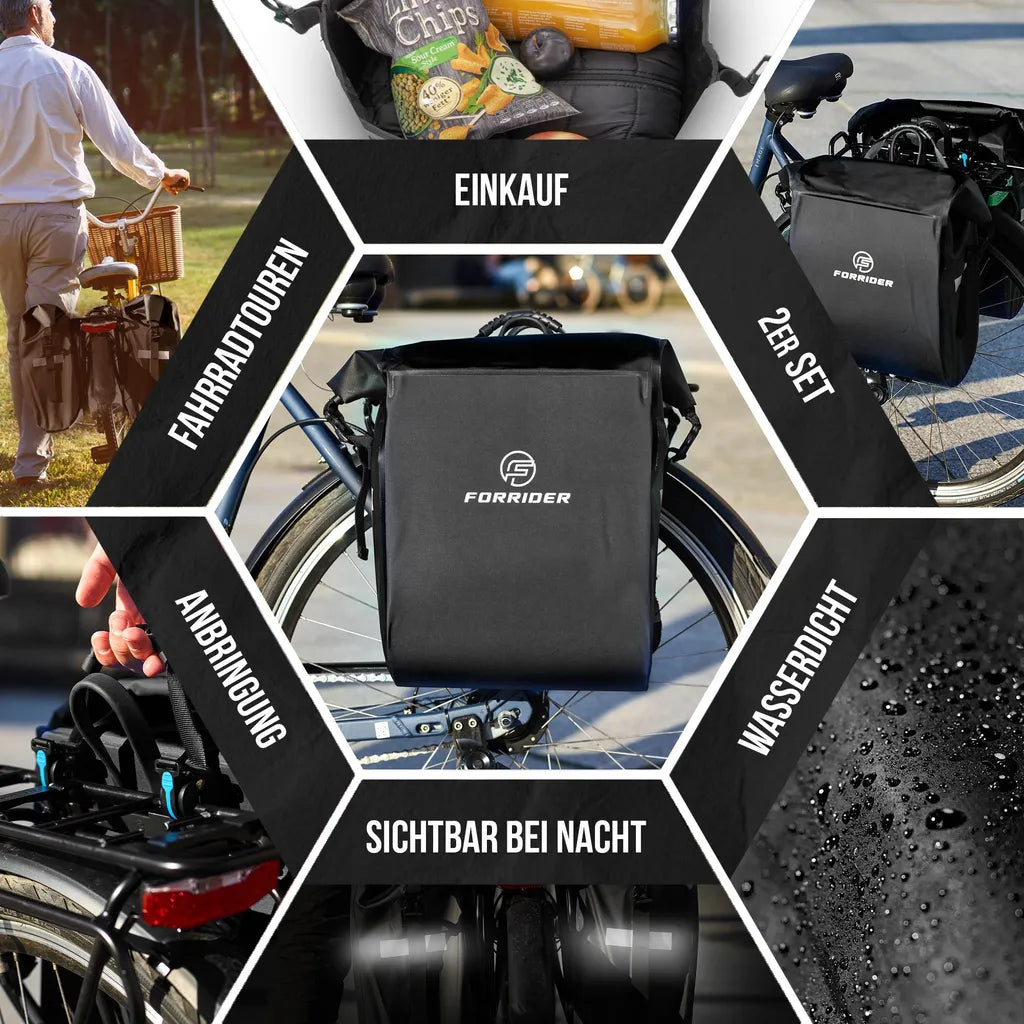 Sacoche double pour vélo 2x25L - Imperméable - Attache Quicksafe - Avec bandoulière