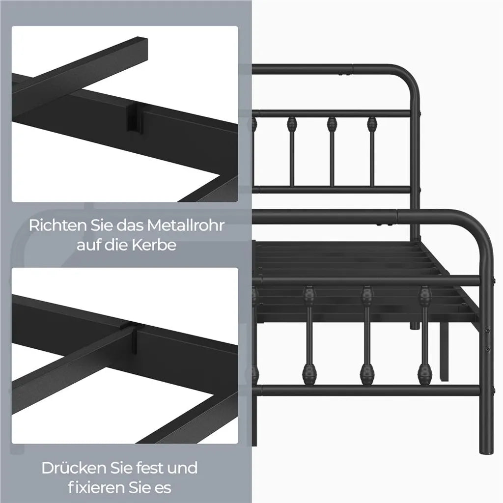 Yaheetech Cadre de lit 140 × 200 cm - Métal noir - Lit en métal avec sommier à lattes et espace de rangement de 32,5 cm