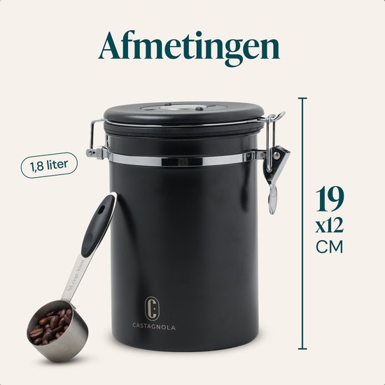 Boîte à café Castagnola 1,8L - Noir mat - hermétique avec sortie CO2 - 600 grammes - 12,5 x 12,5 x 19 cm