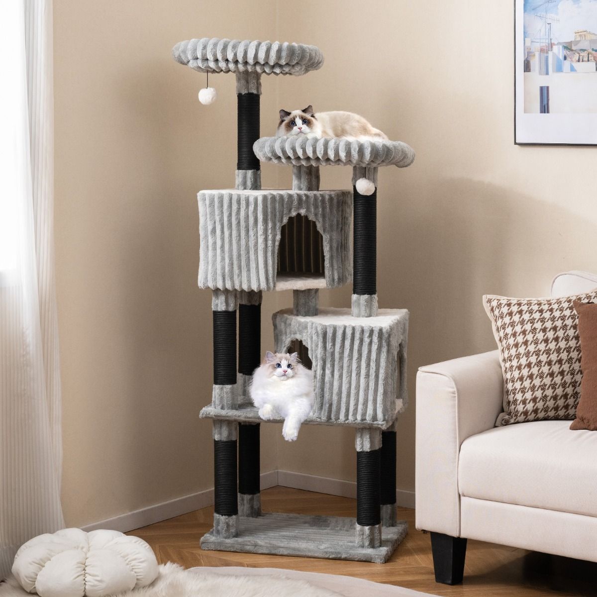Arbre à chat Coast - 2 niches douillettes - 2 espaces de repos - gris clair - 156 cm