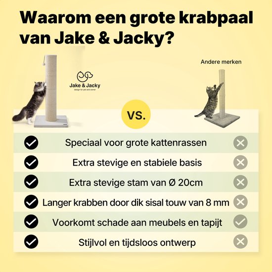 Jake and Jacky : Arbre à chat pour grands chats - Naturel/Crème - Avec petite balle - 56 x 56 x 120 cm - Ø de l'arbre à chat en sisal : 20 cm