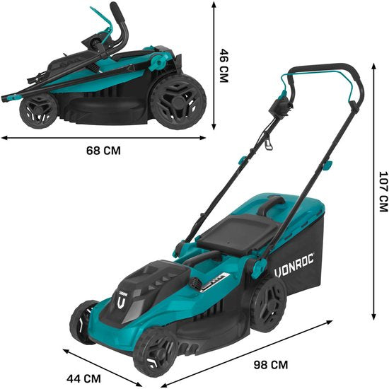 Tondeuse à gazon VONROC - 1600W - Largeur de coupe 38 cm - Cinq hauteurs de coupe réglables : 25/40/50/60/70 mm - Bac de ramassage 42L inclus